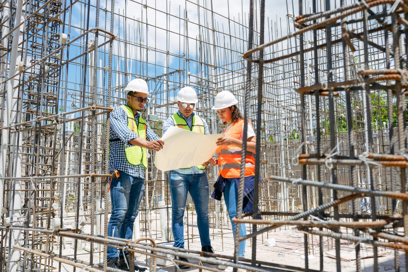 A construction team reviewing plans on site